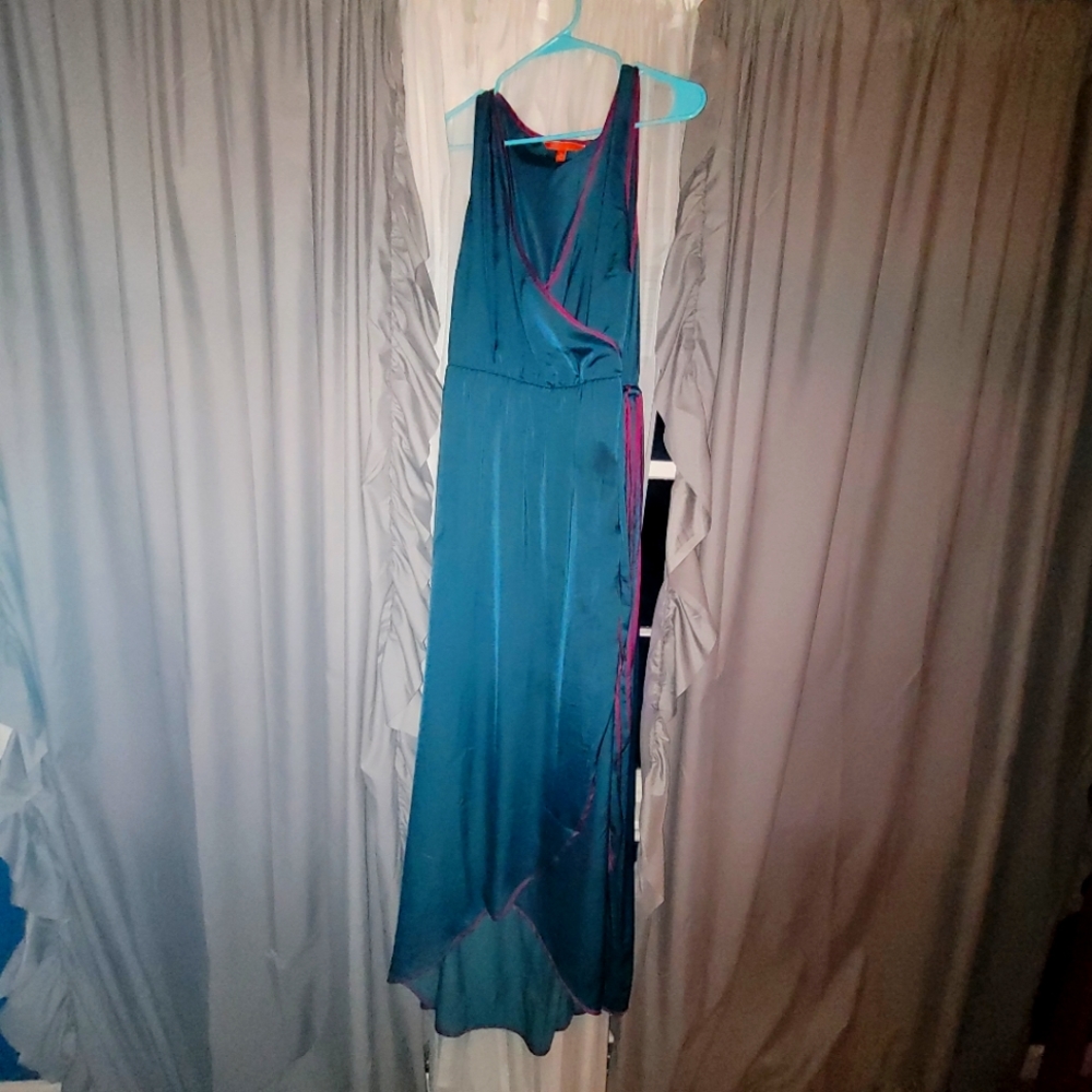Turquoise maxi sleeveless Modcloth faux-wrap dress.